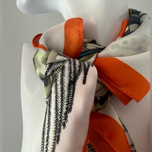 Retro vintage orange white Feather silk scarf wrap - Picture 3 of 9